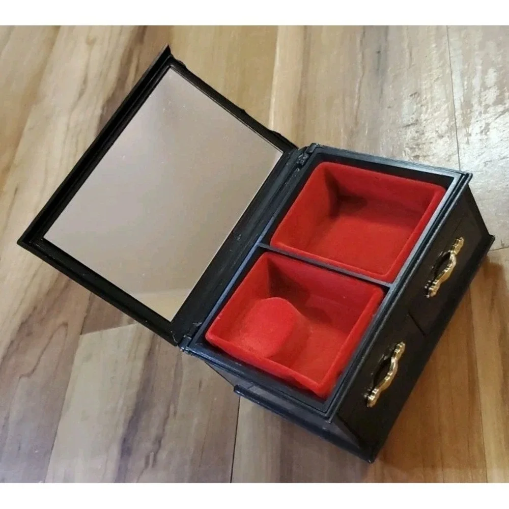 Vintage Asian Jewelry Trinket Box Black Gold Multicolor Floral Motif‎